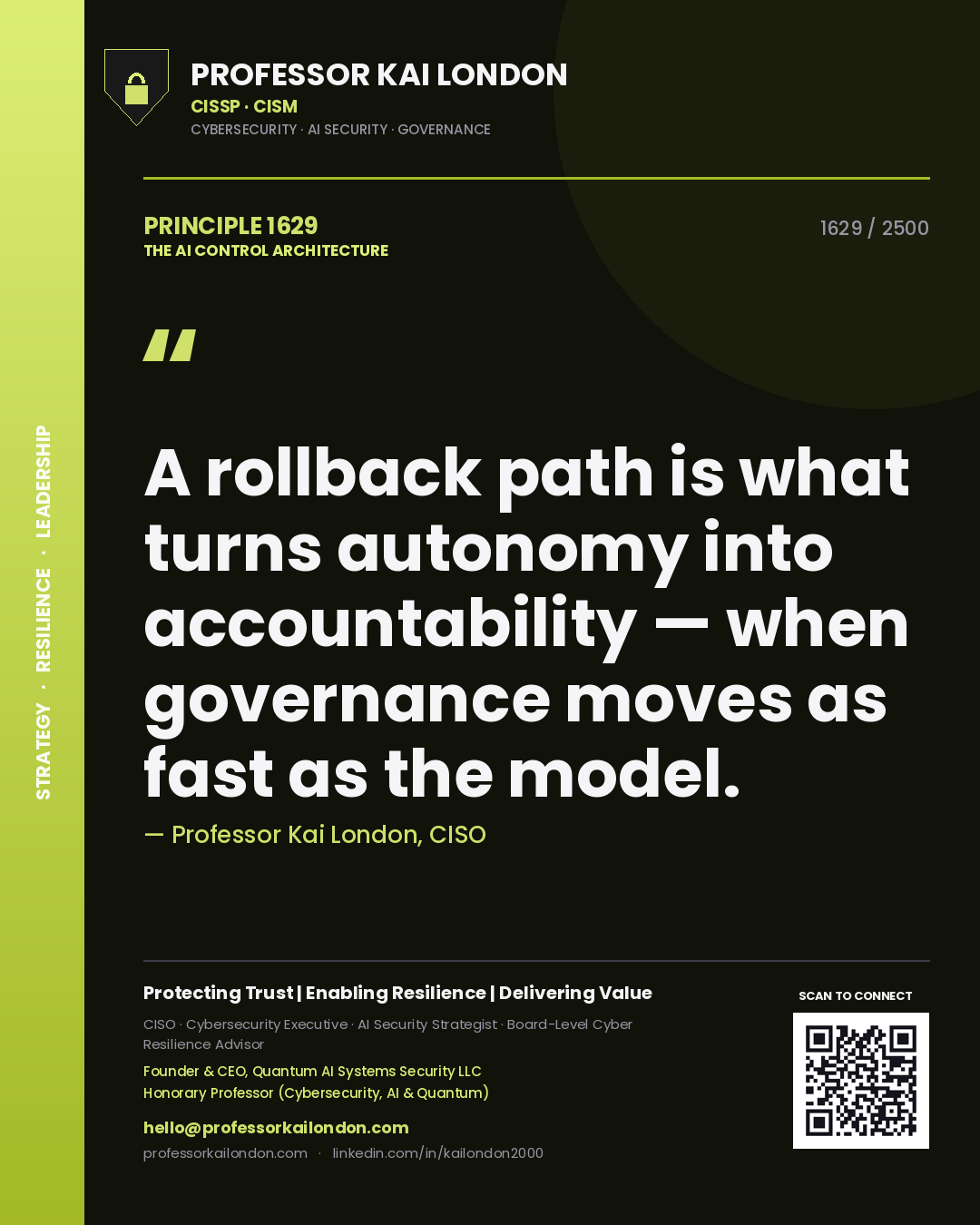 Quote card by Professor Kai London reading 'A rollback path is what turns autonomy into accountability — when governance moves as fast as the model.'. From the book The AI Control Architecture.