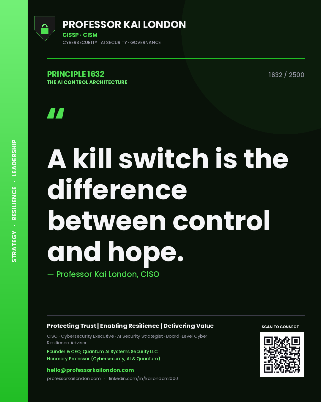 Quote card by Professor Kai London reading 'A kill switch is the difference between control and hope.'. From the book The AI Control Architecture.