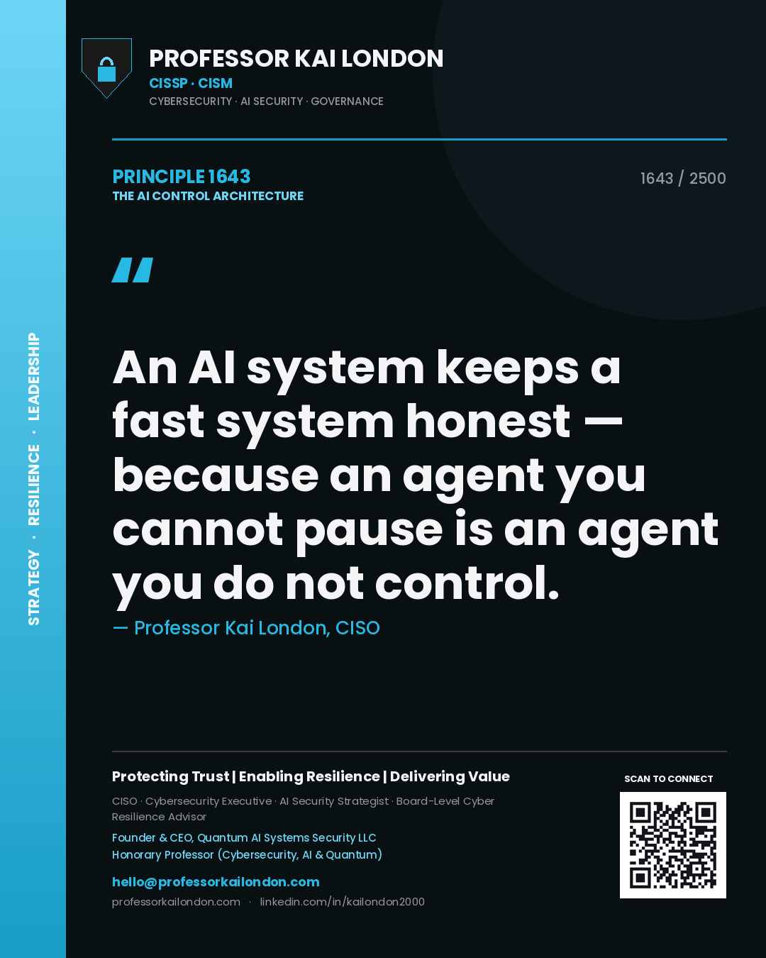 Quote card by Professor Kai London reading 'An AI system keeps a fast system honest — because an agent you cannot pause is an agent you do not control.'. From the book The AI Control Architecture.