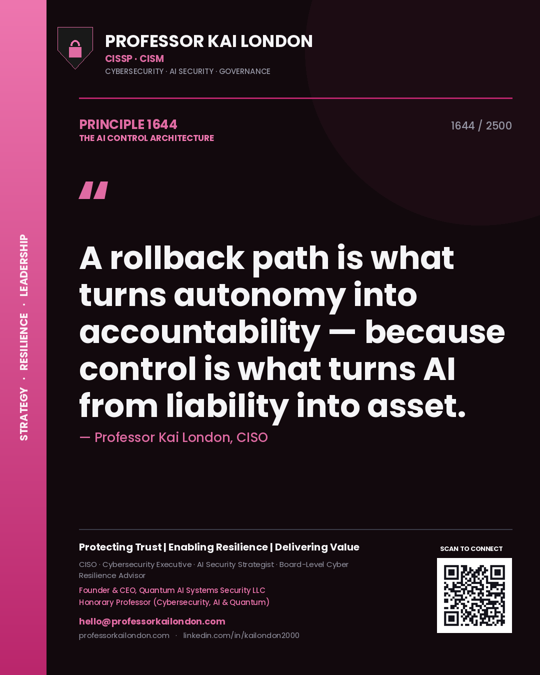 Quote card by Professor Kai London reading 'A rollback path is what turns autonomy into accountability — because control is what turns AI from liability into asset.'. From the book The AI Control Architecture.