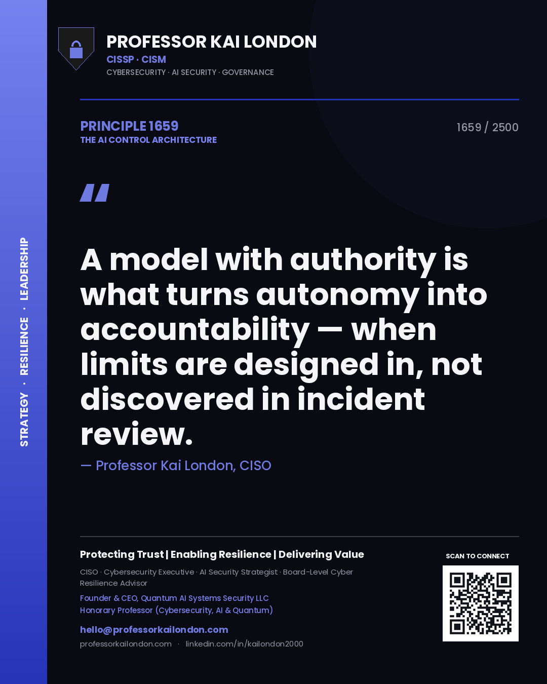 Quote card by Professor Kai London reading 'A model with authority is what turns autonomy into accountability — when limits are designed in, not discovered in incident review.'. From the book The AI Control Architecture.