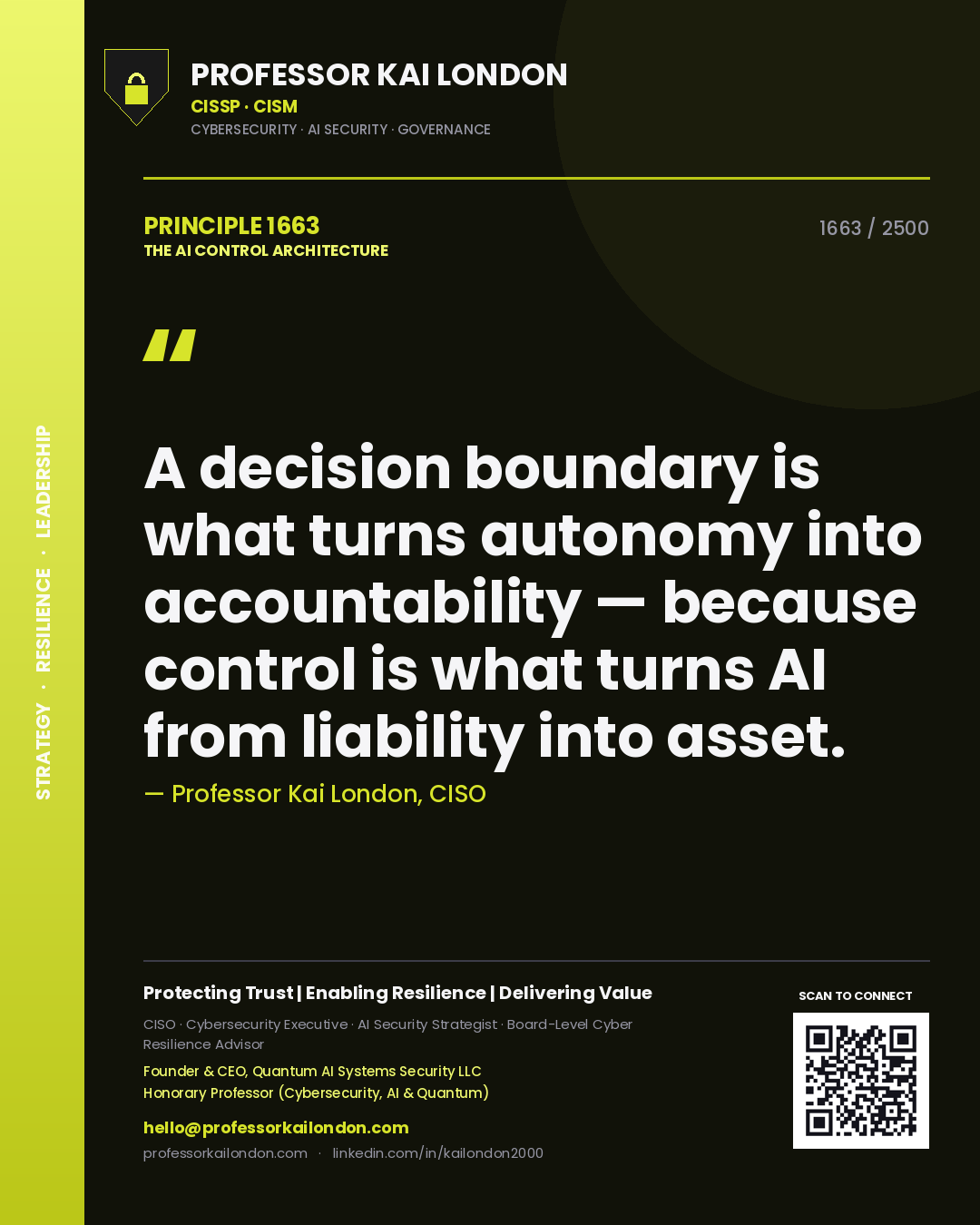 Quote card by Professor Kai London reading 'A decision boundary is what turns autonomy into accountability — because control is what turns AI from liability into asset.'. From the book The AI Control Architecture.