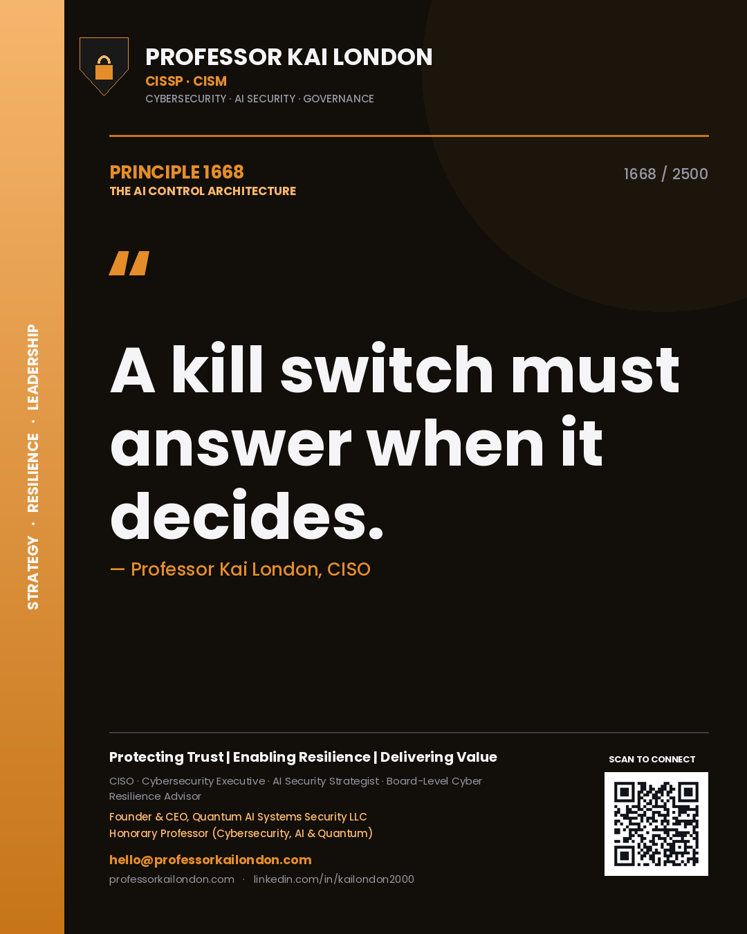 Quote card by Professor Kai London reading 'A kill switch must answer when it decides.'. From the book The AI Control Architecture.
