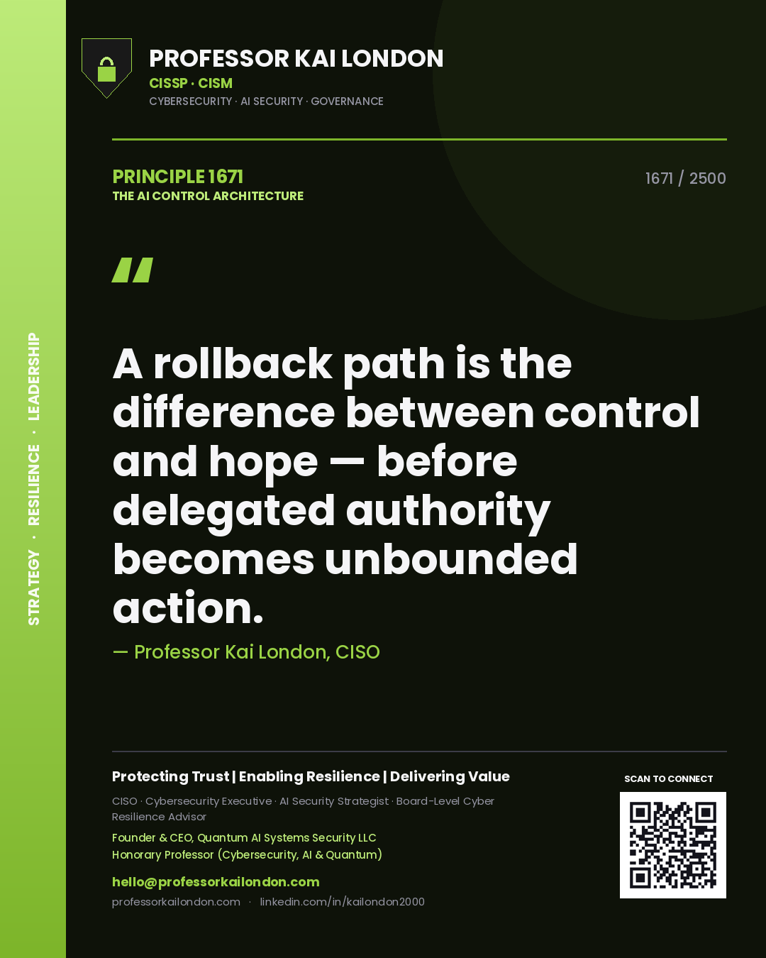 Quote card by Professor Kai London reading 'A rollback path is the difference between control and hope — before delegated authority becomes unbounded action.'. From the book The AI Control Architecture.