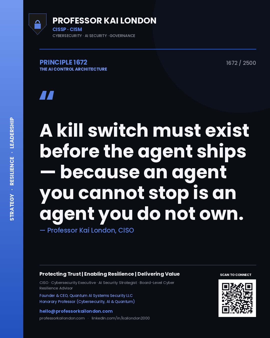 Quote card by Professor Kai London reading 'A kill switch must exist before the agent ships — because an agent you cannot stop is an agent you do not own.'. From the book The AI Control Architecture.