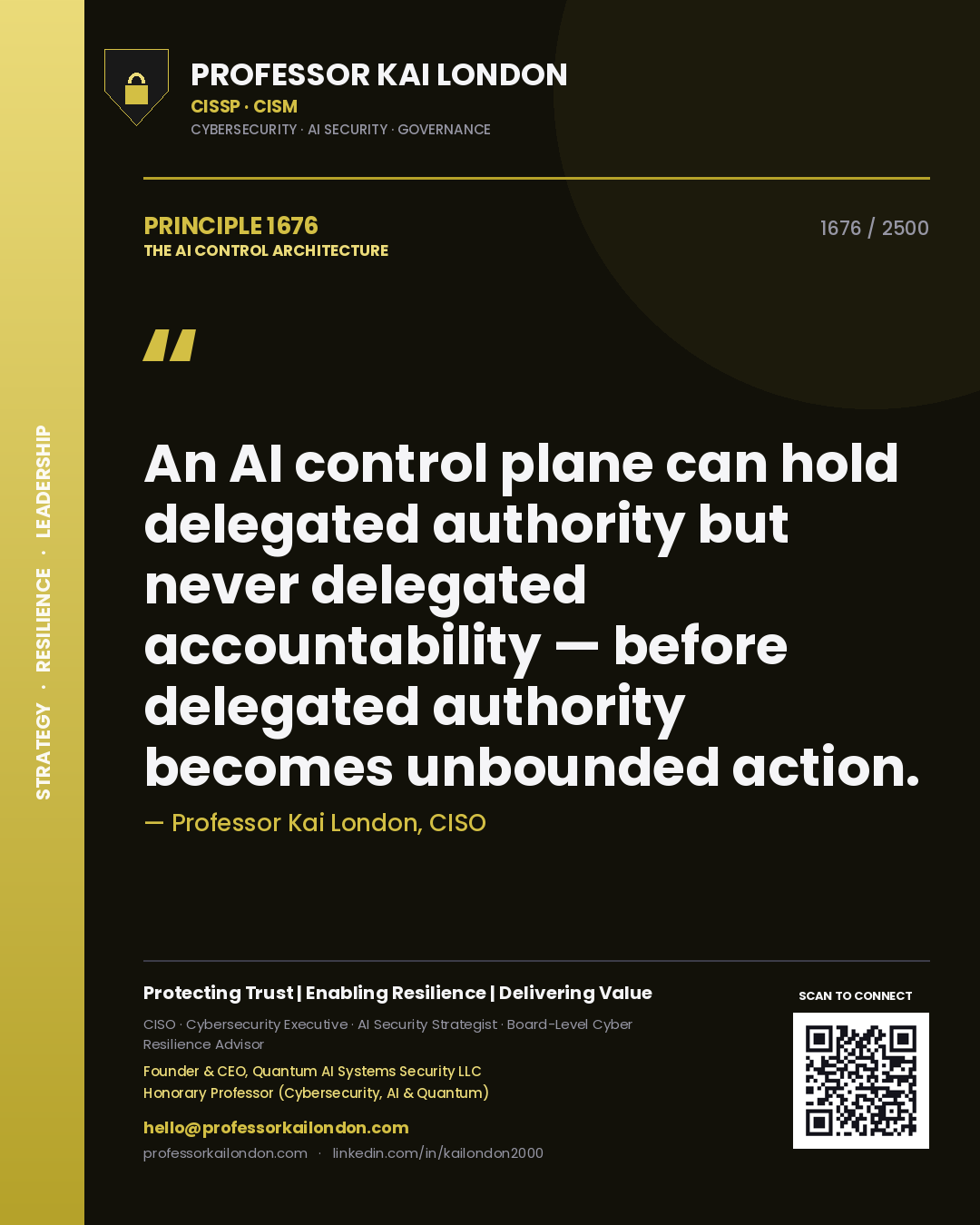 Quote card by Professor Kai London reading 'An AI control plane can hold delegated authority but never delegated accountability — before delegated authority becomes unbounded action.'. From the book The AI Control Architecture.