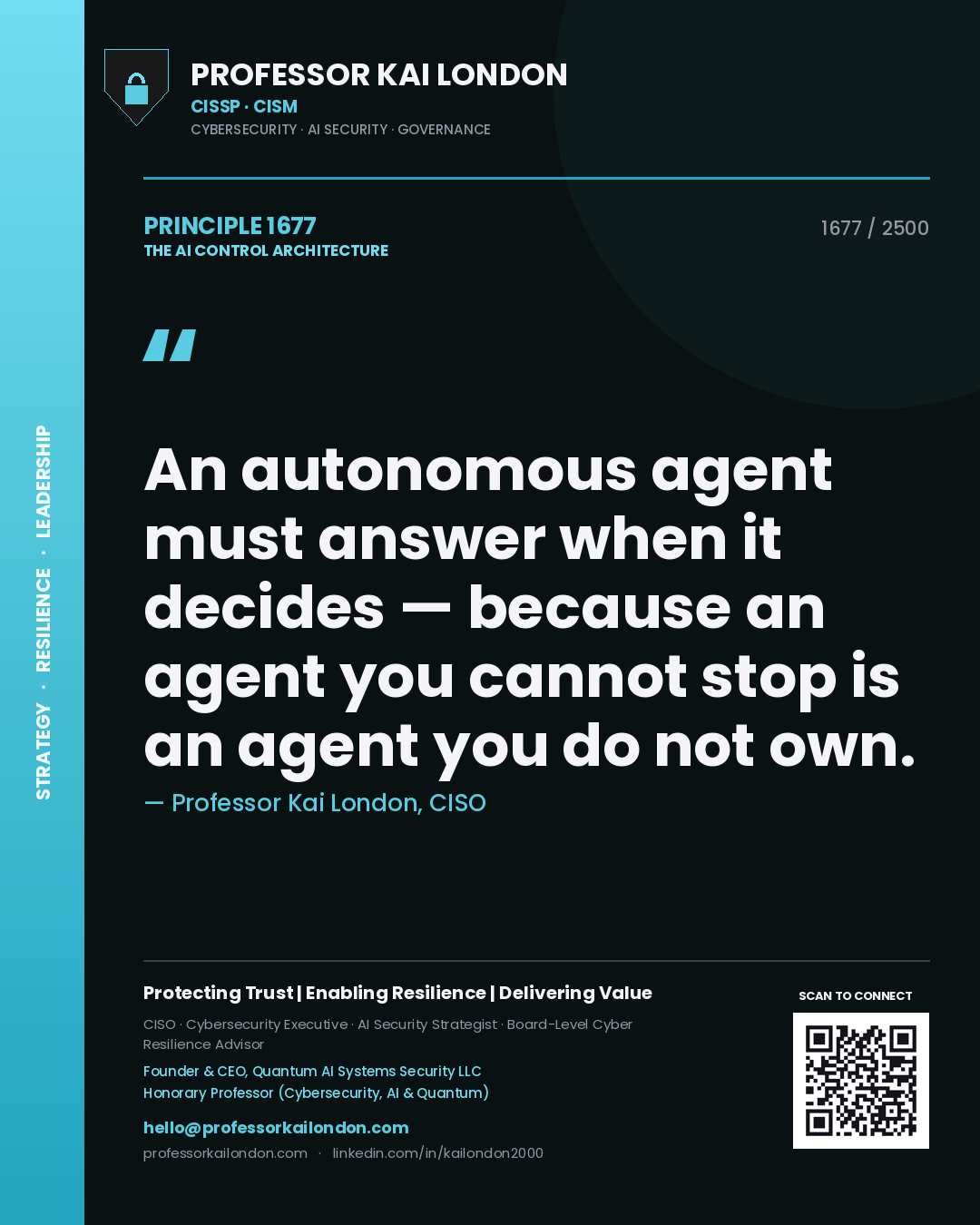 Quote card by Professor Kai London reading 'An autonomous agent must answer when it decides — because an agent you cannot stop is an agent you do not own.'. From the book The AI Control Architecture.