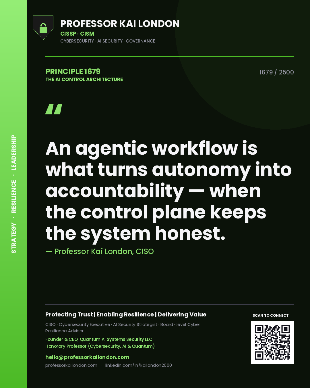 Professor Kai London principle 1679: An agentic workflow is what turns autonomy into accountability — when the control plane keeps the system honest.