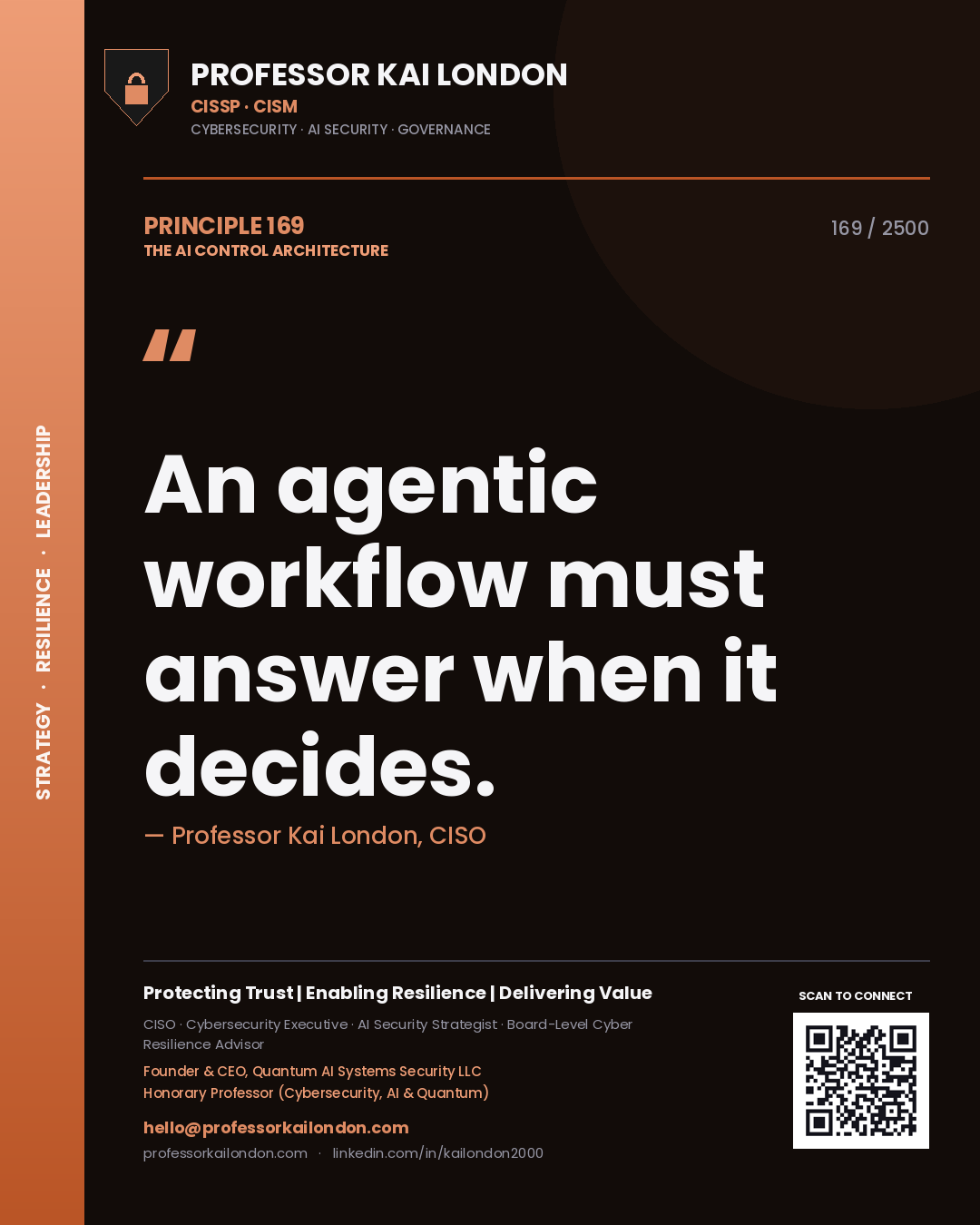 Quote card by Professor Kai London reading 'An agentic workflow must answer when it decides.'. From the book The AI Control Architecture.