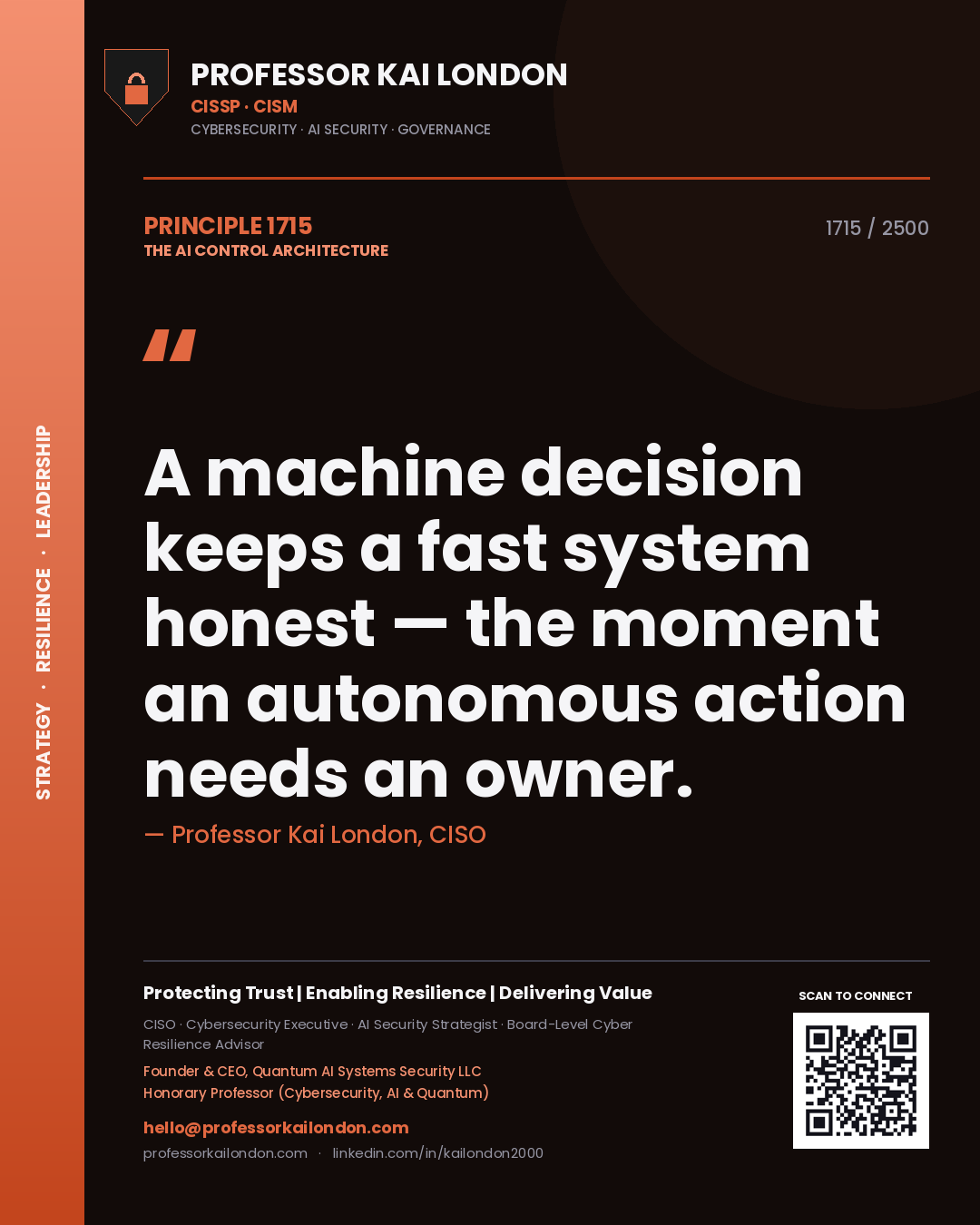 Quote card by Professor Kai London reading 'A machine decision keeps a fast system honest — the moment an autonomous action needs an owner.'. From the book The AI Control Architecture.
