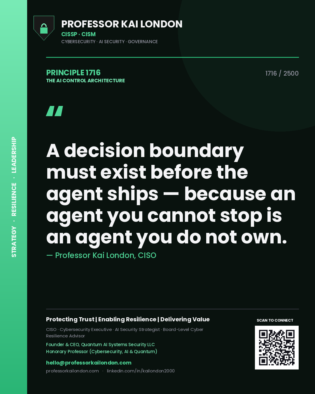 Professor Kai London principle 1716: A decision boundary must exist before the agent ships — because an agent you cannot stop is an agent you do not own.