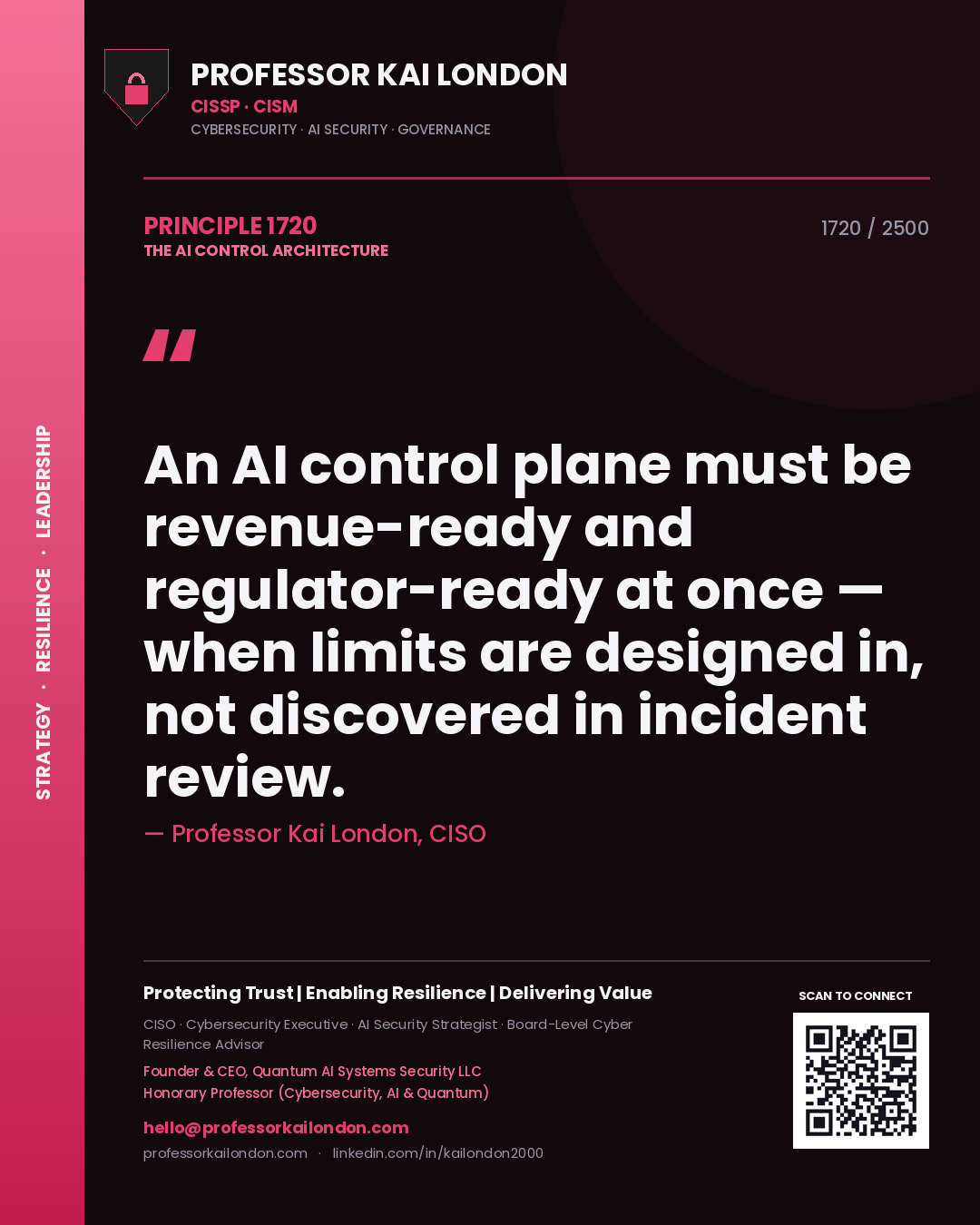 Quote card by Professor Kai London reading 'An AI control plane must be revenue-ready and regulator-ready at once — when limits are designed in, not discovered in incident review.'. From the book The AI Control Architecture.