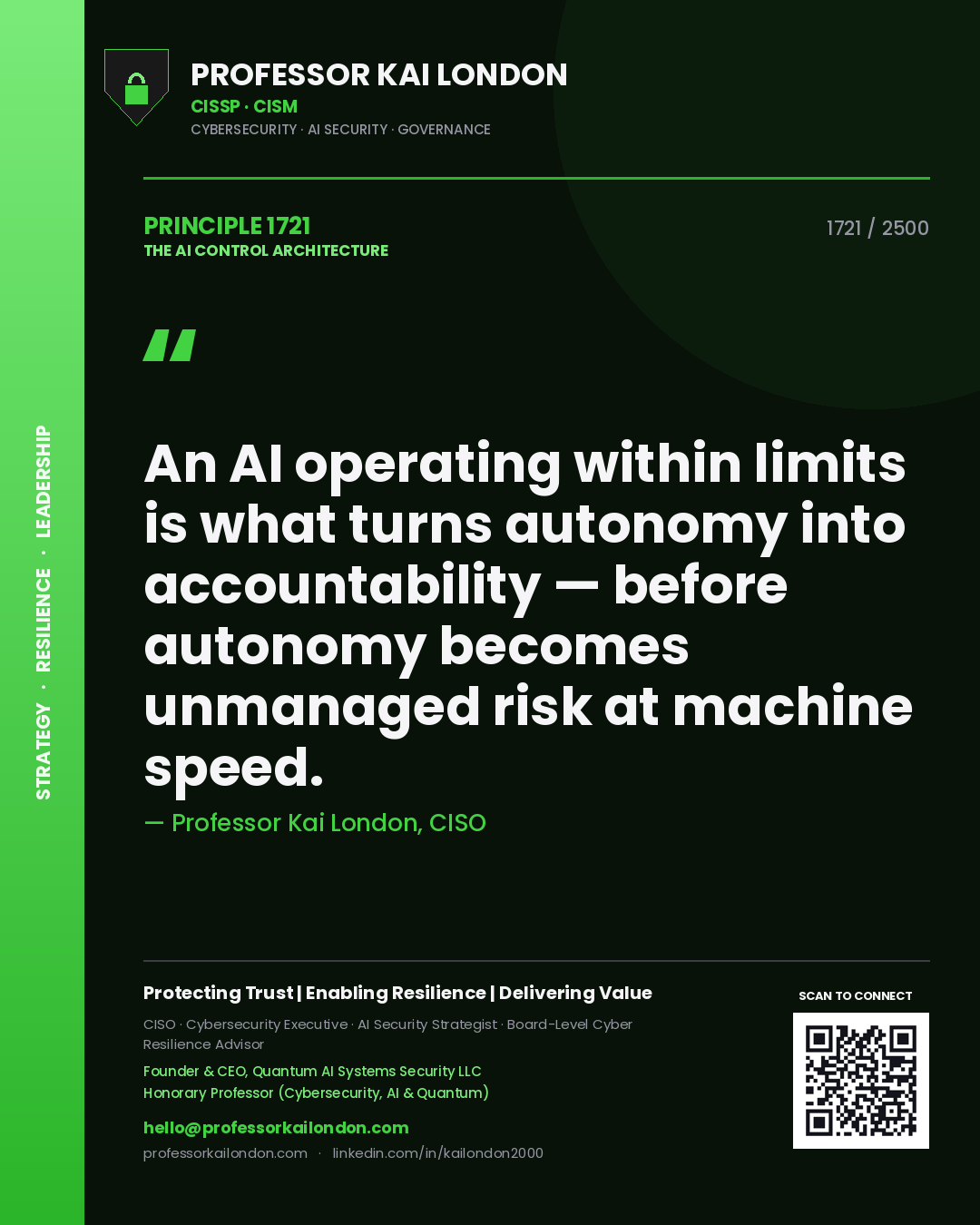 Quote card by Professor Kai London reading 'An AI operating within limits is what turns autonomy into accountability — before autonomy becomes unmanaged risk at machine speed.'. From the book The AI Control Architecture.