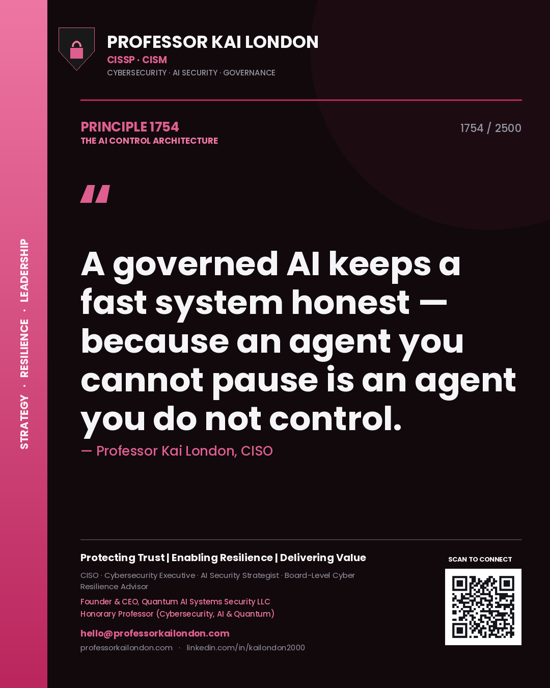 Quote card by Professor Kai London reading 'A governed AI keeps a fast system honest — because an agent you cannot pause is an agent you do not control.'. From the book The AI Control Architecture.