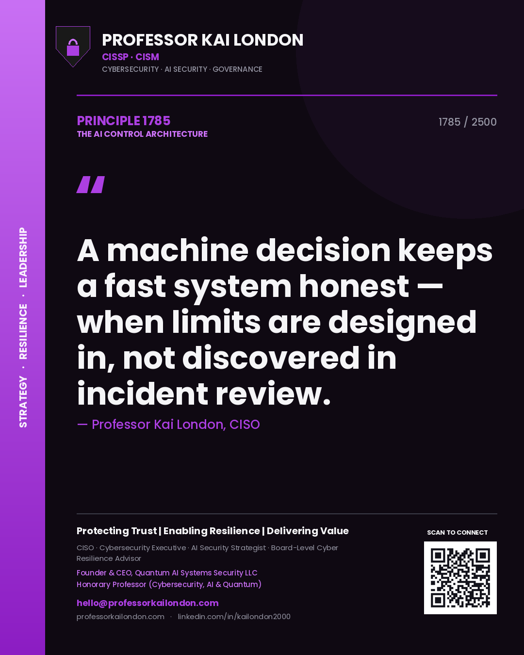 Quote card by Professor Kai London reading 'A machine decision keeps a fast system honest — when limits are designed in, not discovered in incident review.'. From the book The AI Control Architecture.