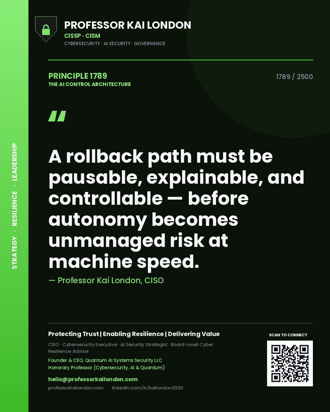 Quote card by Professor Kai London reading 'A rollback path must be pausable, explainable, and controllable — before autonomy becomes unmanaged risk at machine speed.'. From the book The AI Control Architecture.
