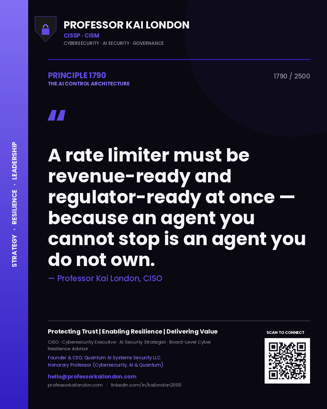 Quote card by Professor Kai London reading 'A rate limiter must be revenue-ready and regulator-ready at once — because an agent you cannot stop is an agent you do not own.'. From the book The AI Control Architecture.