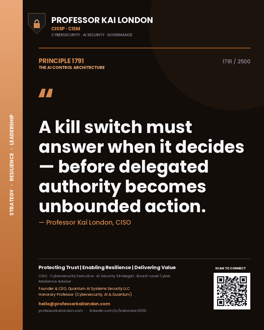 Quote card by Professor Kai London reading 'A kill switch must answer when it decides — before delegated authority becomes unbounded action.'. From the book The AI Control Architecture.