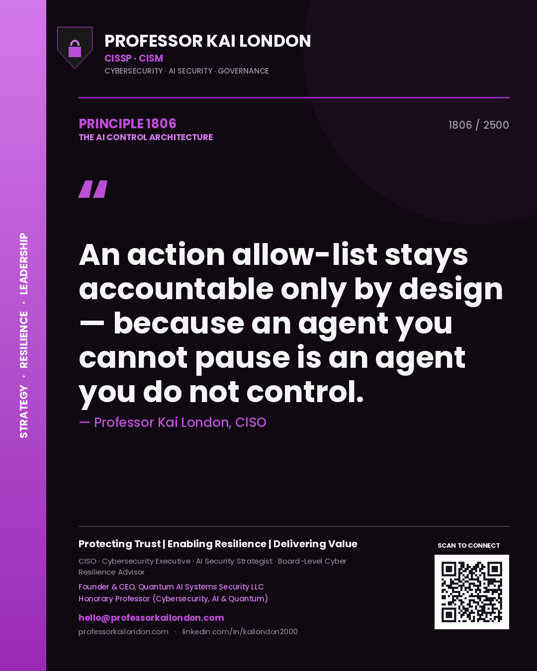Quote card by Professor Kai London reading 'An action allow-list stays accountable only by design — because an agent you cannot pause is an agent you do not control.'. From the book The AI Control Architecture.