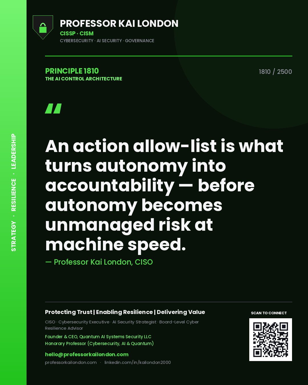 Professor Kai London principle 1810: An action allow-list is what turns autonomy into accountability — before autonomy becomes unmanaged risk at machine speed.