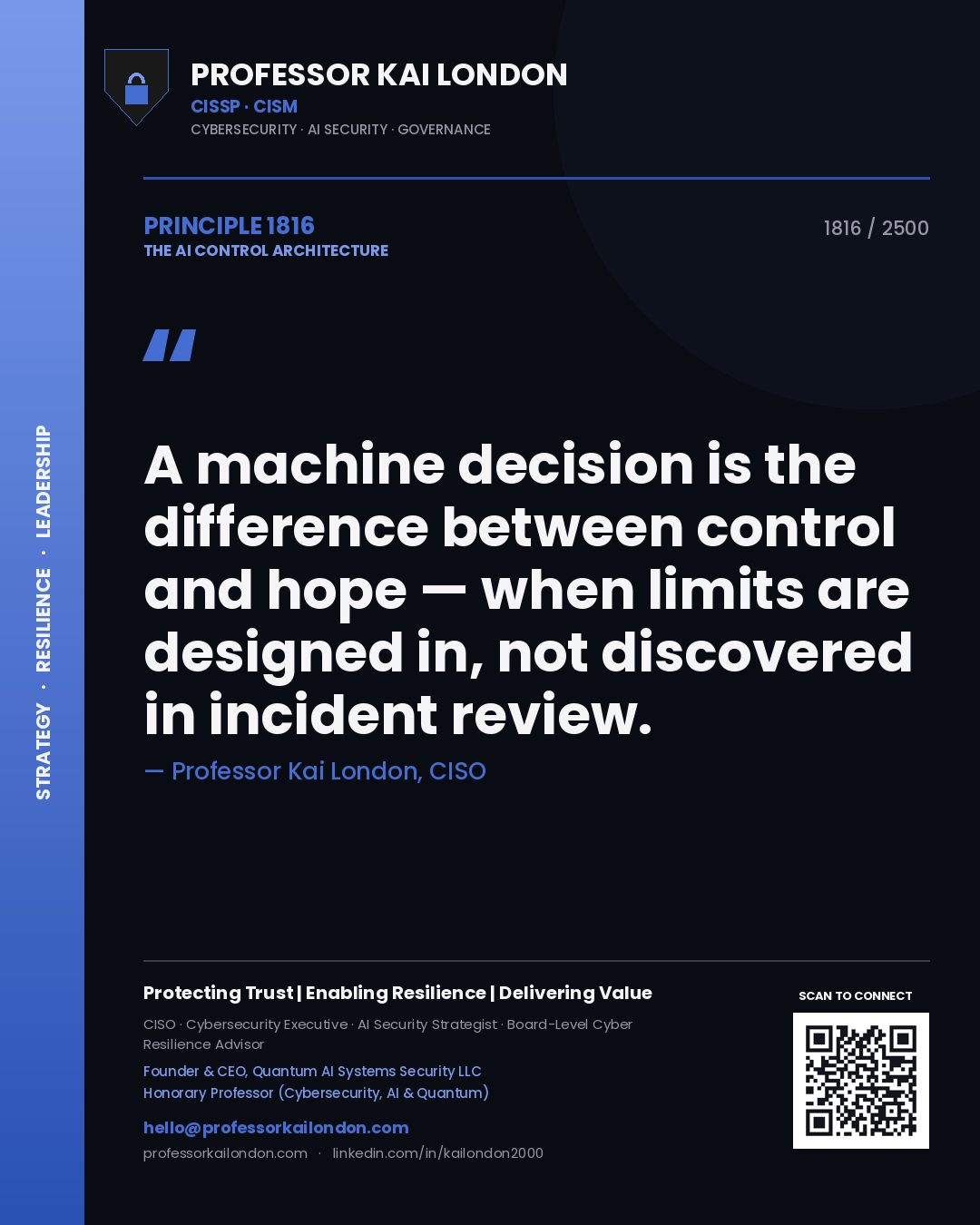 Quote card by Professor Kai London reading 'A machine decision is the difference between control and hope — when limits are designed in, not discovered in incident review.'. From the book The AI Control Architecture.