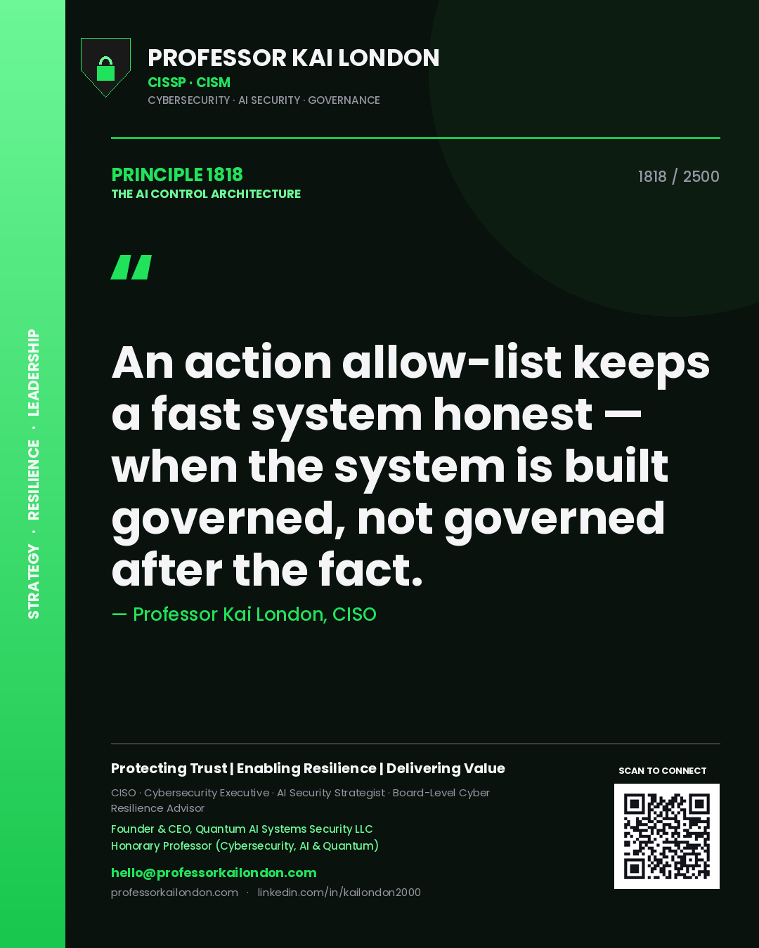 Quote card by Professor Kai London reading 'An action allow-list keeps a fast system honest — when the system is built governed, not governed after the fact.'. From the book The AI Control Architecture.