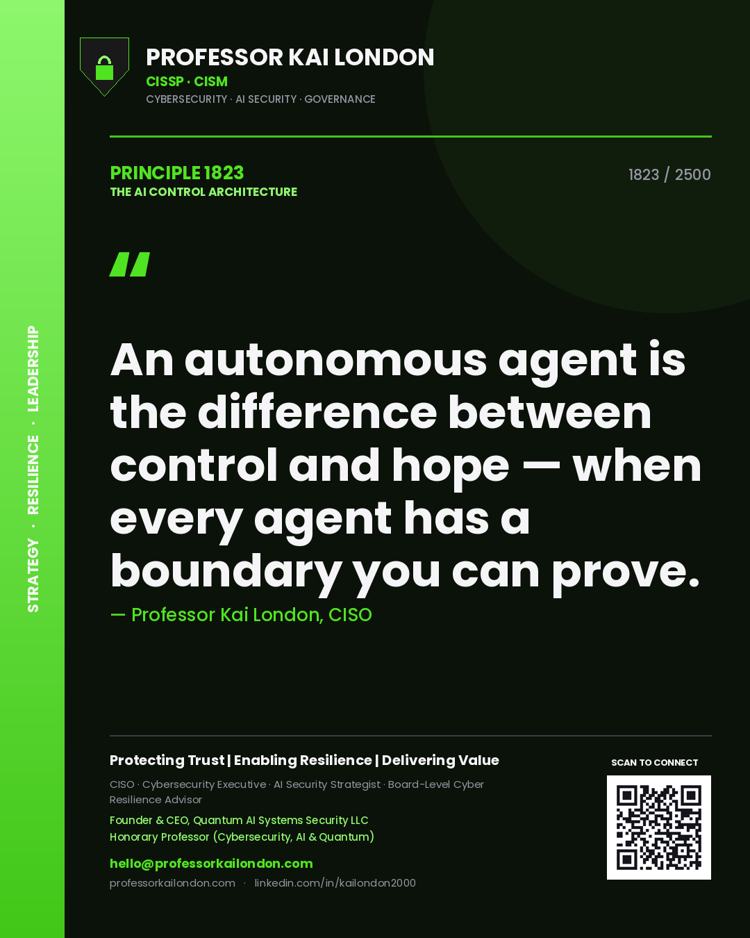 Quote card by Professor Kai London reading 'An autonomous agent is the difference between control and hope — when every agent has a boundary you can prove.'. From the book The AI Control Architecture.