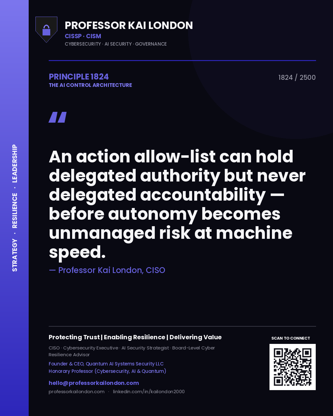 Quote card by Professor Kai London reading 'An action allow-list can hold delegated authority but never delegated accountability — before autonomy becomes unmanaged risk at machine speed.'. From the book The AI Control Architecture.