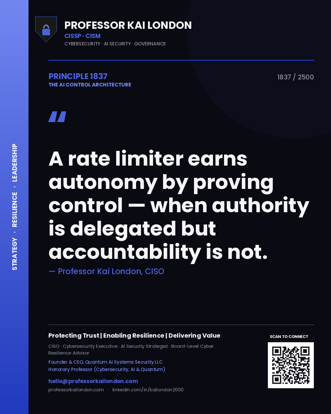 Professor Kai London principle 1837: A rate limiter earns autonomy by proving control — when authority is delegated but accountability is not.