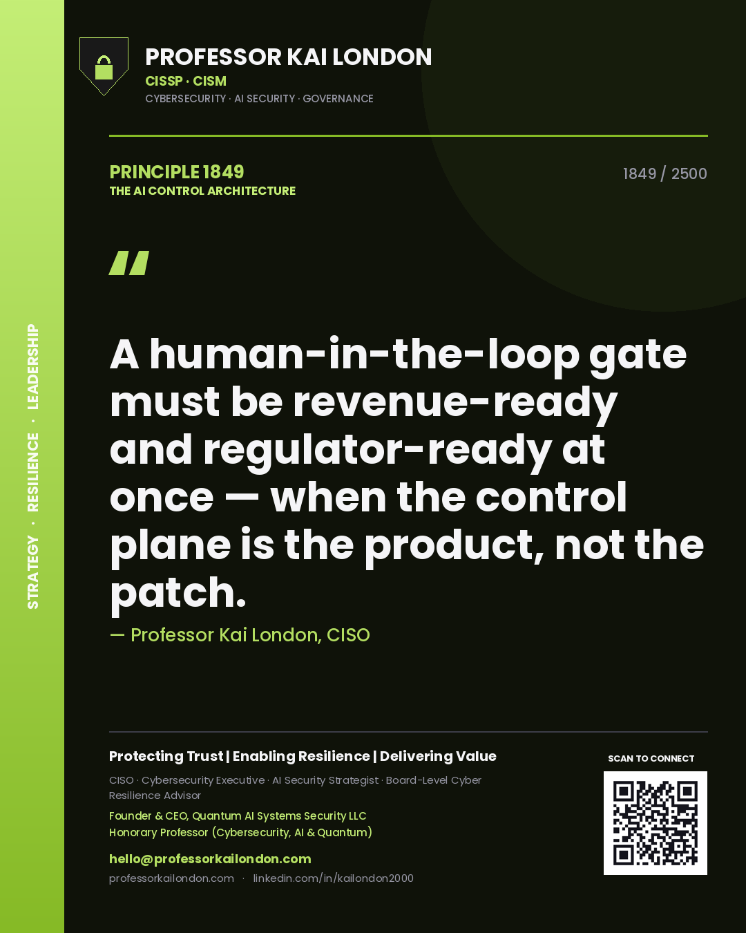Quote card by Professor Kai London reading 'A human-in-the-loop gate must be revenue-ready and regulator-ready at once — when the control plane is the product, not the patch.'. From the book The AI Control Architecture.