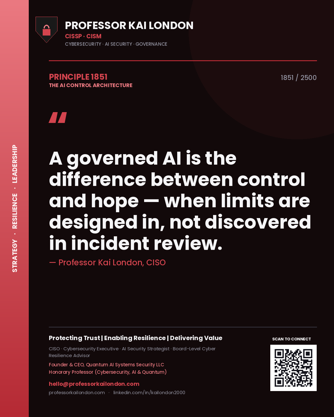 Quote card by Professor Kai London reading 'A governed AI is the difference between control and hope — when limits are designed in, not discovered in incident review.'. From the book The AI Control Architecture.