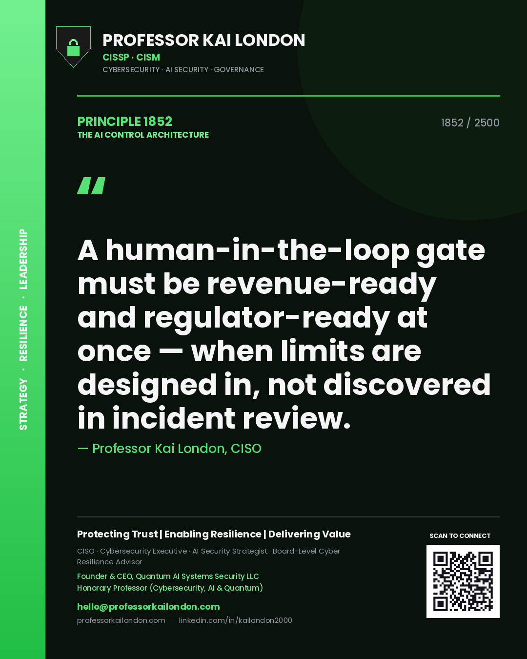 Professor Kai London principle 1852: A human-in-the-loop gate must be revenue-ready and regulator-ready at once — when limits are designed in, not discovered in incident review.