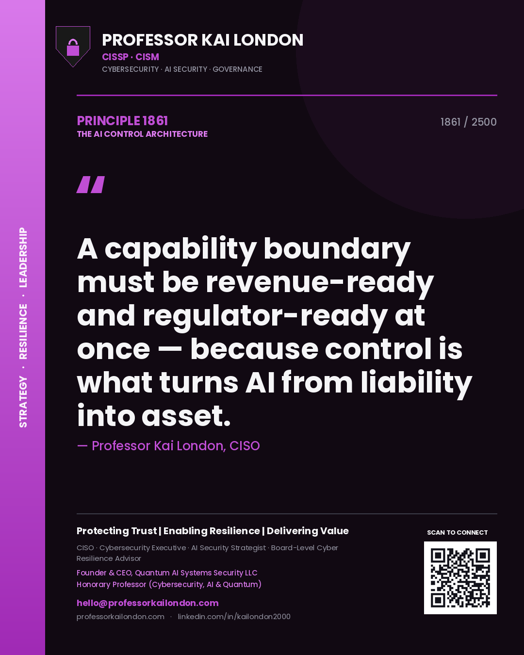 Quote card by Professor Kai London reading 'A capability boundary must be revenue-ready and regulator-ready at once — because control is what turns AI from liability into asset.'. From the book The AI Control Architecture.