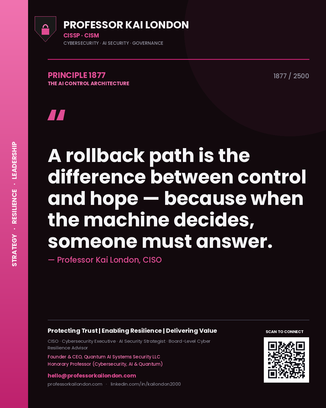 Quote card by Professor Kai London reading 'A rollback path is the difference between control and hope — because when the machine decides, someone must answer.'. From the book The AI Control Architecture.