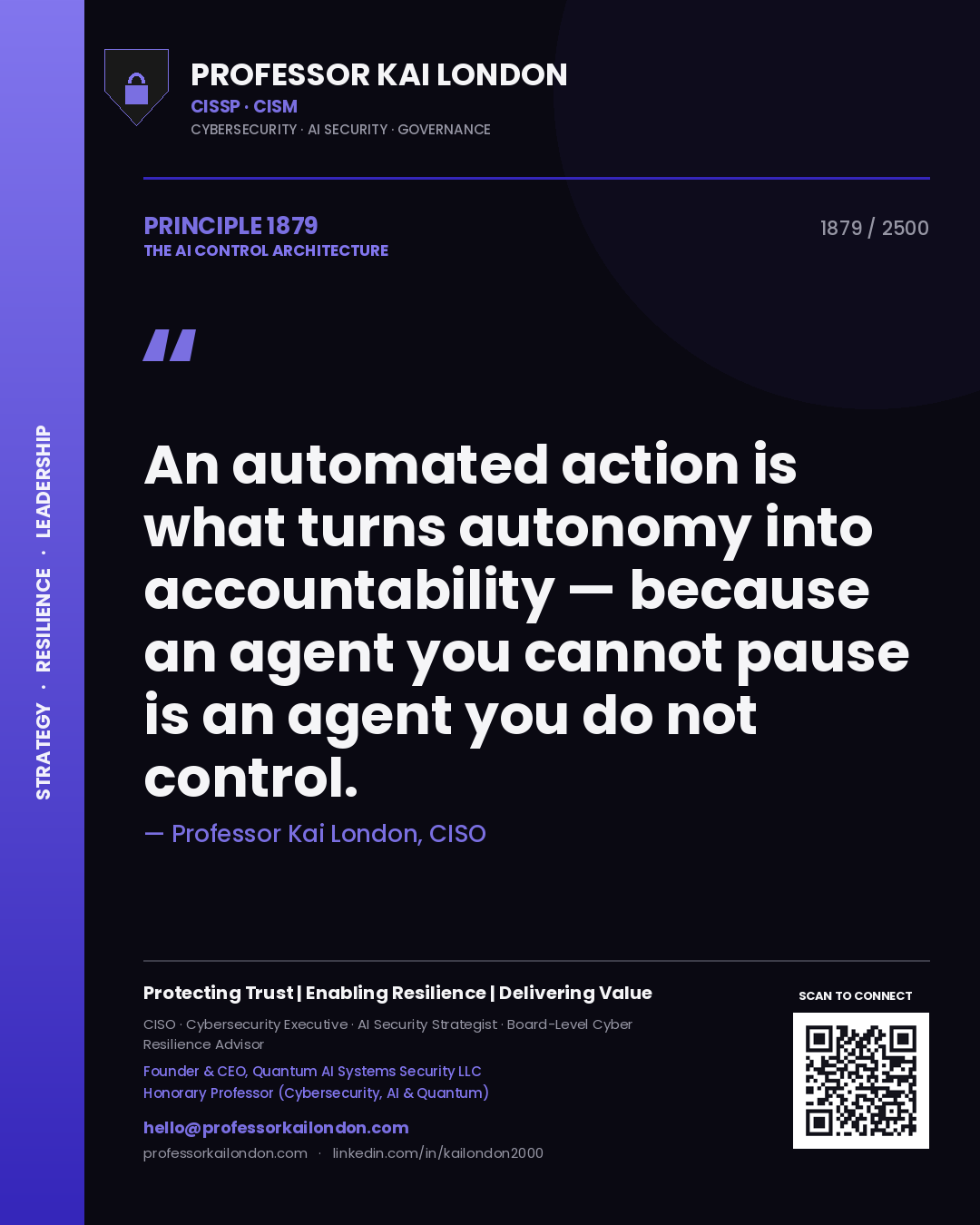 Quote card by Professor Kai London reading 'An automated action is what turns autonomy into accountability — because an agent you cannot pause is an agent you do not control.'. From the book The AI Control Architecture.