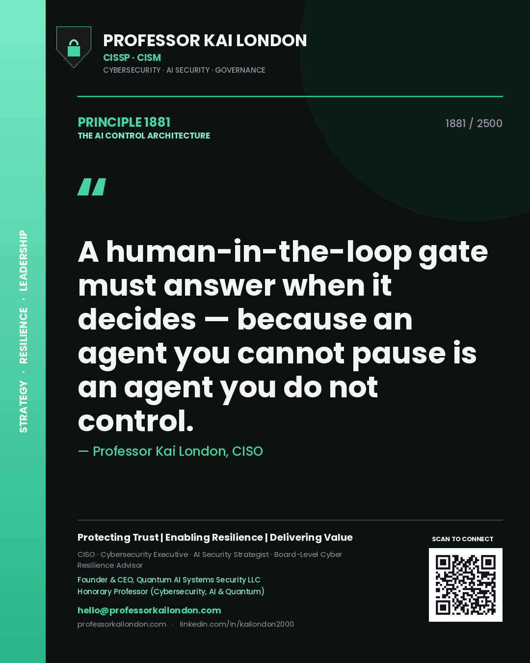 Quote card by Professor Kai London reading 'A human-in-the-loop gate must answer when it decides — because an agent you cannot pause is an agent you do not control.'. From the book The AI Control Architecture.