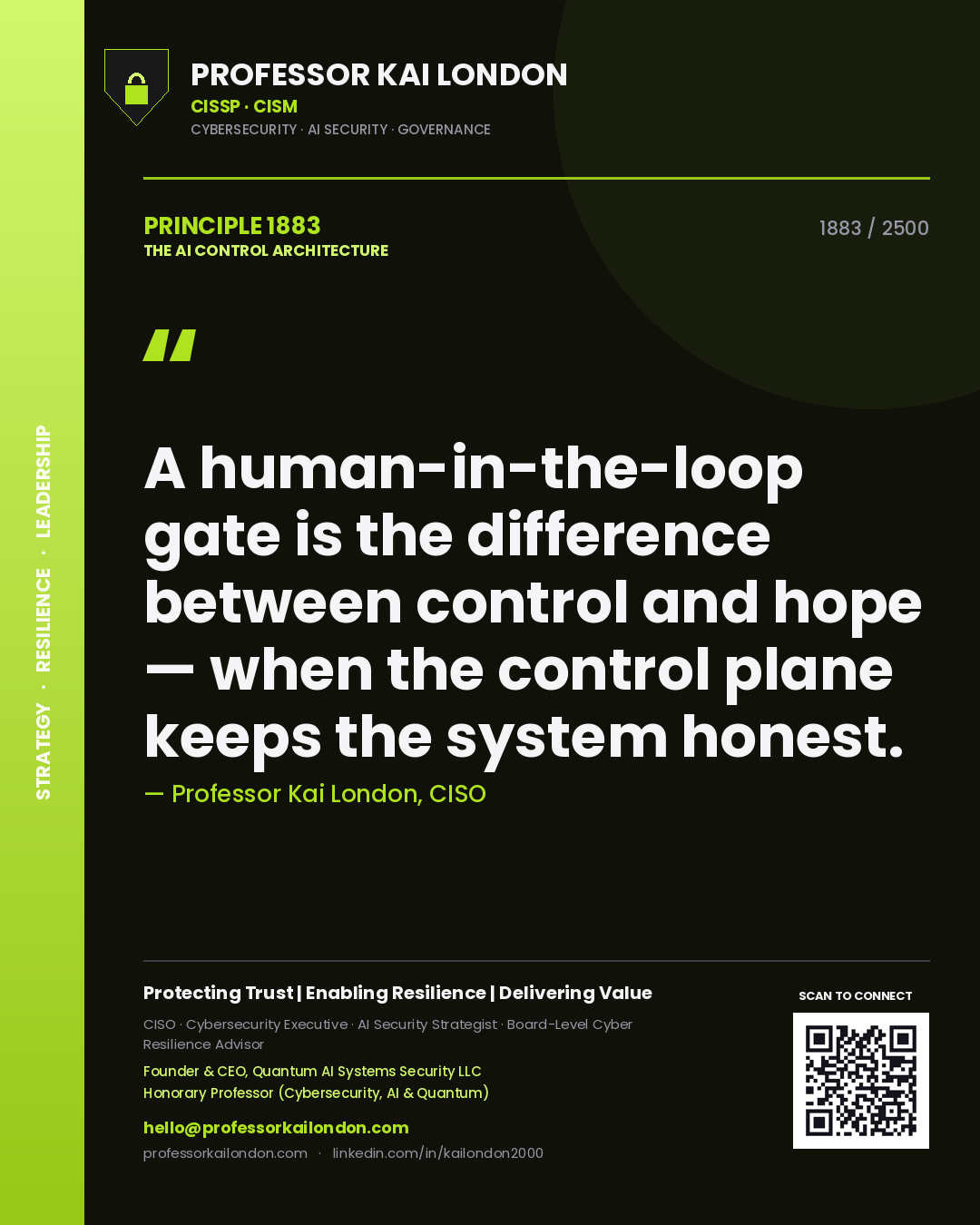 Quote card by Professor Kai London reading 'A human-in-the-loop gate is the difference between control and hope — when the control plane keeps the system honest.'. From the book The AI Control Architecture.