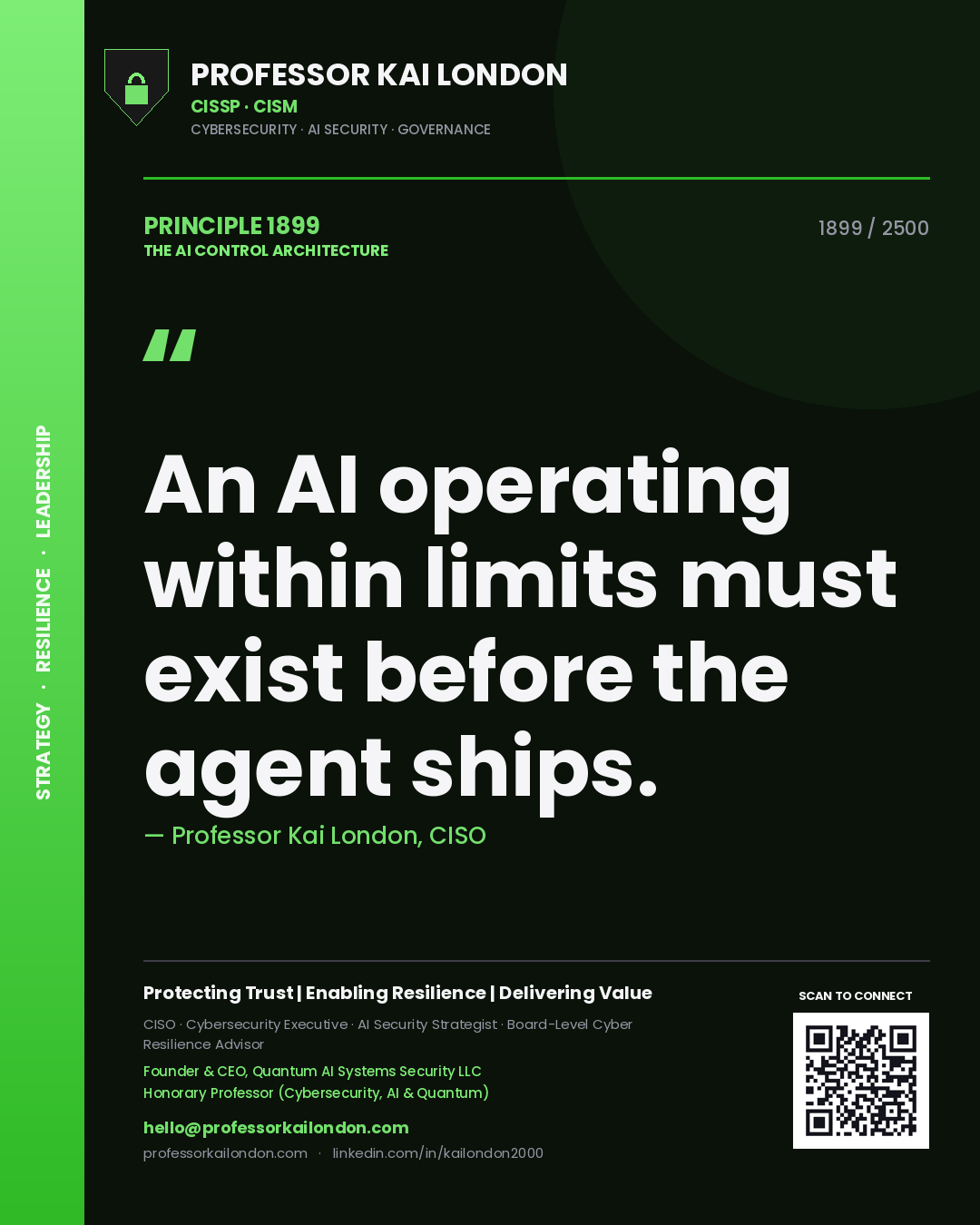 Quote card by Professor Kai London reading 'An AI operating within limits must exist before the agent ships.'. From the book The AI Control Architecture.