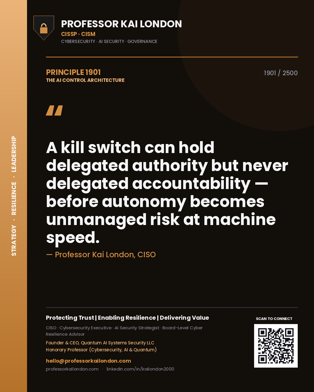 Quote card by Professor Kai London reading 'A kill switch can hold delegated authority but never delegated accountability — before autonomy becomes unmanaged risk at machine speed.'. From the book The AI Control Architecture.
