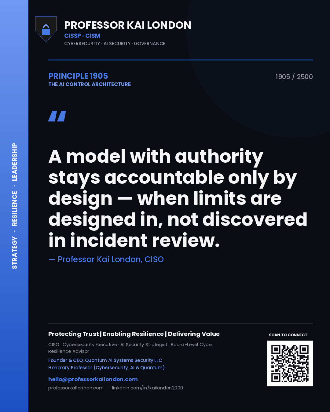 Quote card by Professor Kai London reading 'A model with authority stays accountable only by design — when limits are designed in, not discovered in incident review.'. From the book The AI Control Architecture.