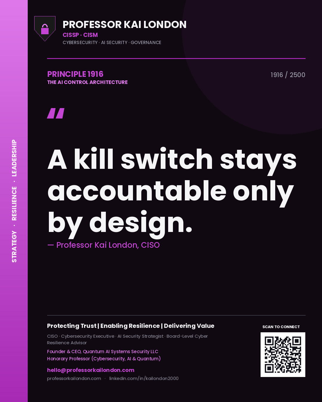 Quote card by Professor Kai London reading 'A kill switch stays accountable only by design.'. From the book The AI Control Architecture.