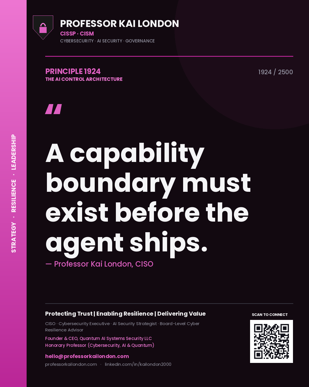 Quote card by Professor Kai London reading 'A capability boundary must exist before the agent ships.'. From the book The AI Control Architecture.