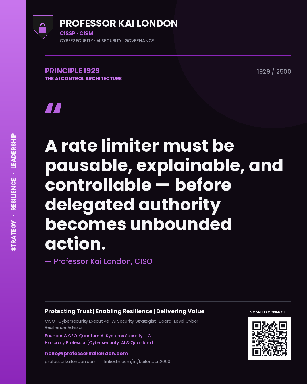 Quote card by Professor Kai London reading 'A rate limiter must be pausable, explainable, and controllable — before delegated authority becomes unbounded action.'. From the book The AI Control Architecture.