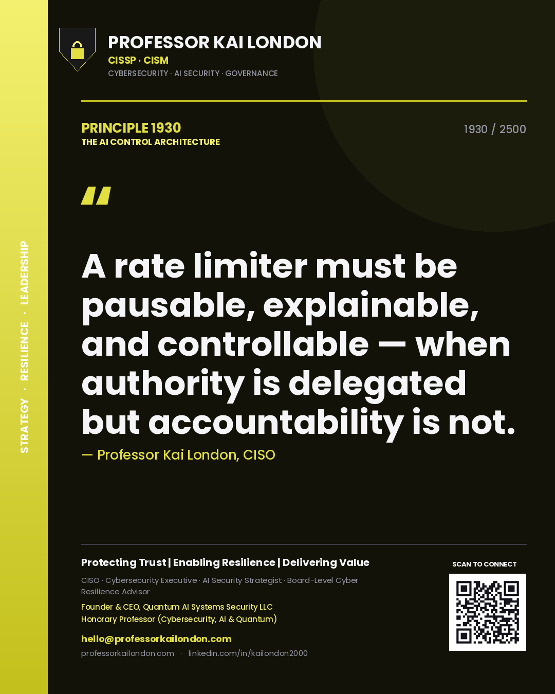 Quote card by Professor Kai London reading 'A rate limiter must be pausable, explainable, and controllable — when authority is delegated but accountability is not.'. From the book The AI Control Architecture.