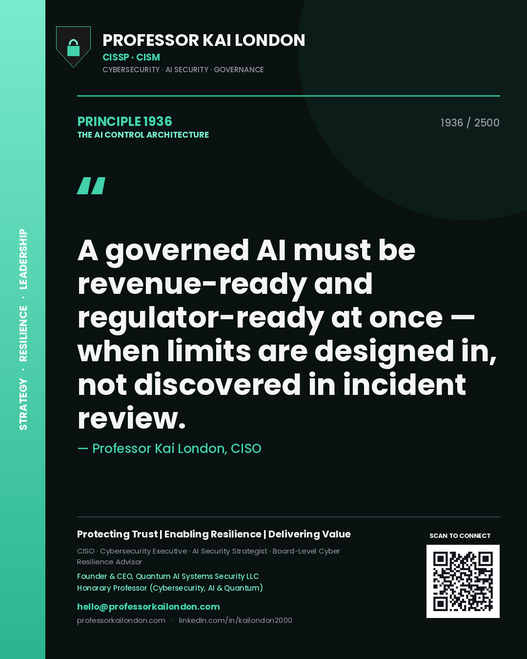 Quote card by Professor Kai London reading 'A governed AI must be revenue-ready and regulator-ready at once — when limits are designed in, not discovered in incident review.'. From the book The AI Control Architecture.