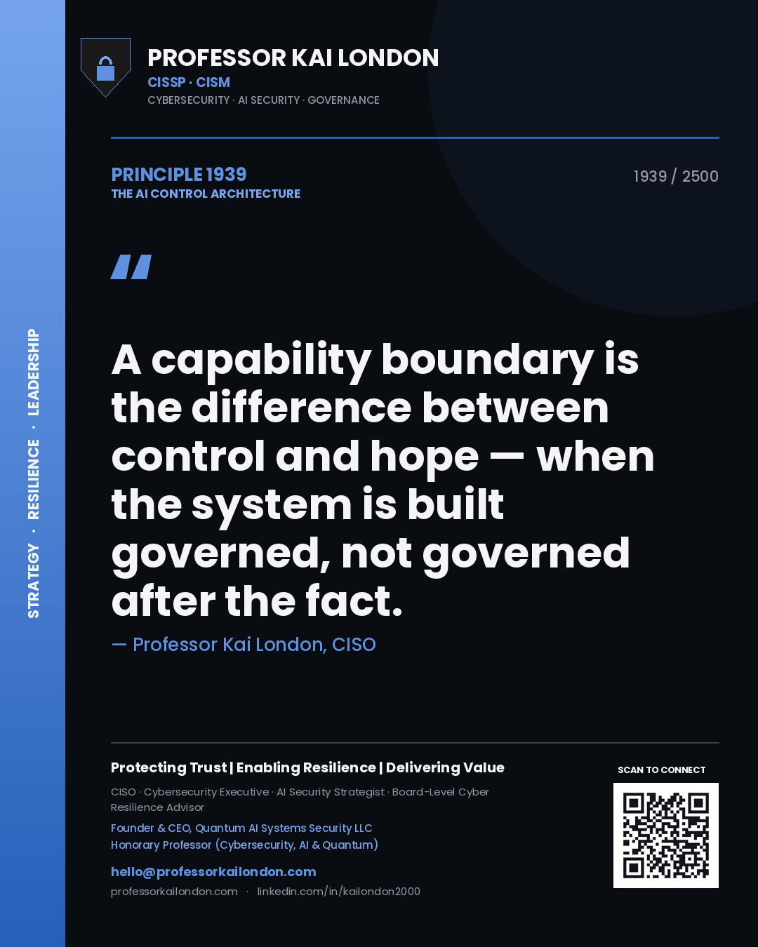 Quote card by Professor Kai London reading 'A capability boundary is the difference between control and hope — when the system is built governed, not governed after the fact.'. From the book The AI Control Architecture.