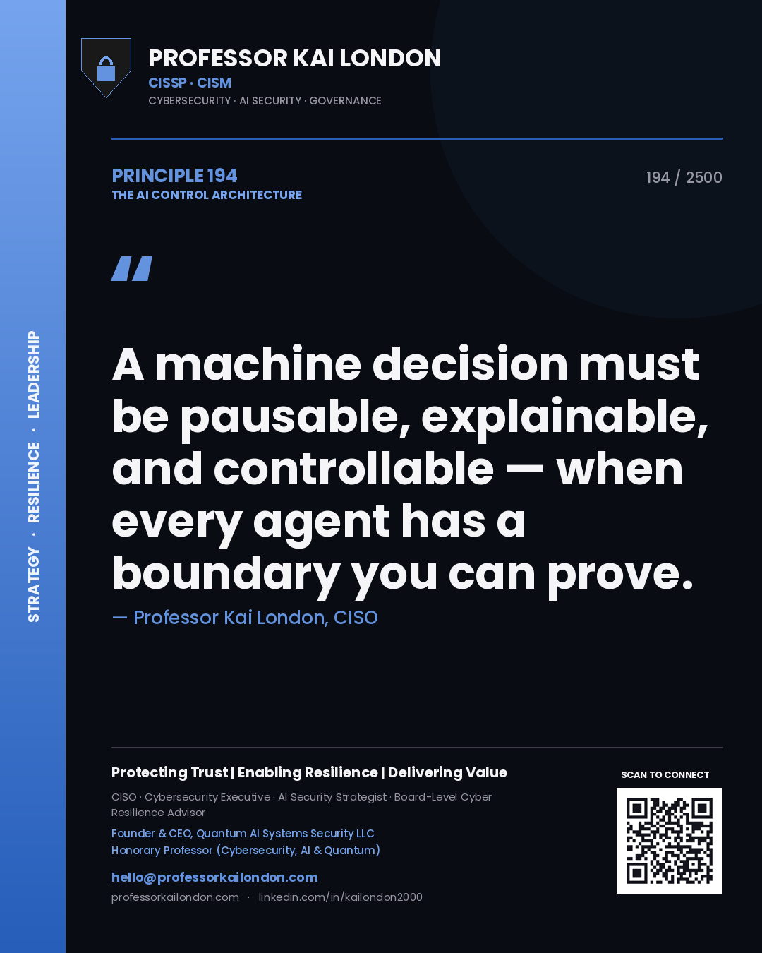 Quote card by Professor Kai London reading 'A machine decision must be pausable, explainable, and controllable — when every agent has a boundary you can prove.'. From the book The AI Control Architecture.