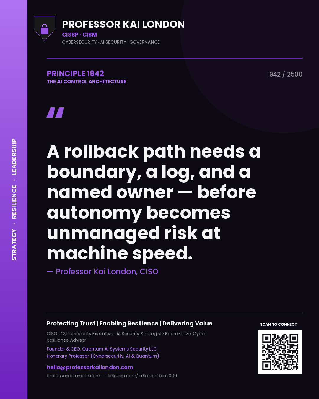 Quote card by Professor Kai London reading 'A rollback path needs a boundary, a log, and a named owner — before autonomy becomes unmanaged risk at machine speed.'. From the book The AI Control Architecture.