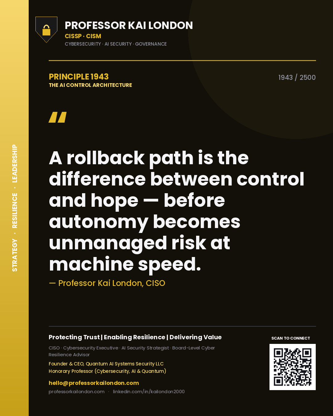 Quote card by Professor Kai London reading 'A rollback path is the difference between control and hope — before autonomy becomes unmanaged risk at machine speed.'. From the book The AI Control Architecture.
