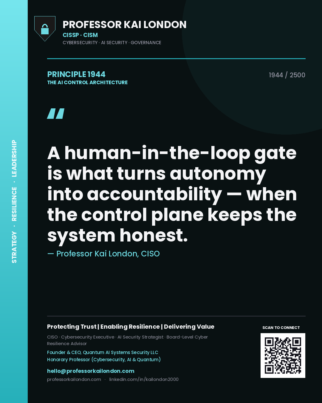 Quote card by Professor Kai London reading 'A human-in-the-loop gate is what turns autonomy into accountability — when the control plane keeps the system honest.'. From the book The AI Control Architecture.